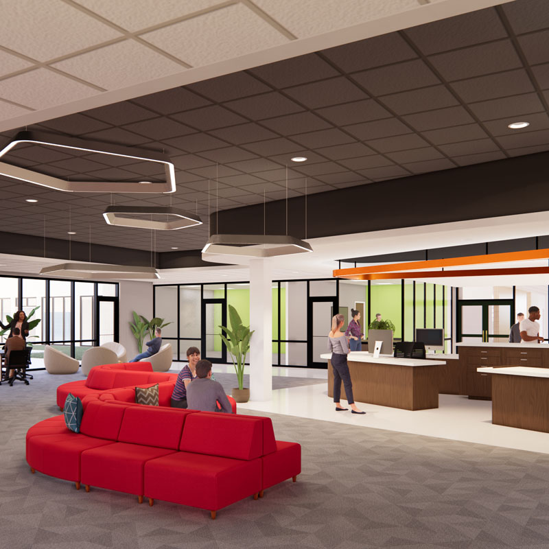 Digital rendering of Pinellas County Schools Seminole High School reception/ admin area with red couches, wood reception desks and orange wall accents built by Ajax Building Company.
